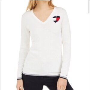 Tommy Hilfiger Ivy Heart V Neck Sweater White Light Academia Sz S